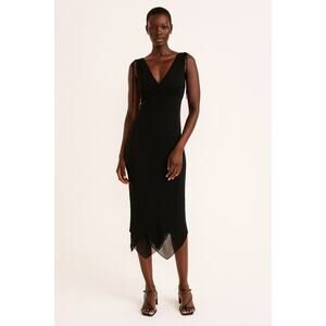 Vintage Elegant Black Midi Dress with Sheer Asymmetric Hem small